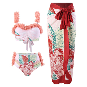 Manufacturer Custom New Sexy Print <strong>3</strong> <strong>Piece</strong> Bikini Beachwear With Sarong Cover up Ruffle Swimsuit Women Bandeau <strong>Swimwear</strong> - Product Image 4