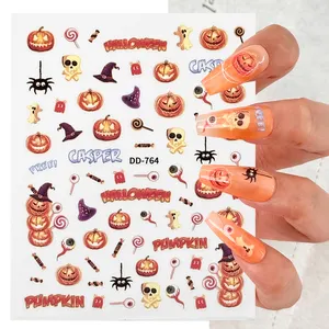 Cabeça de abóbora assustador 3d Nail Art adesivos decalques adesivos de unhas profissionais 5d Halloween