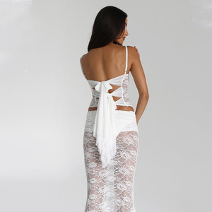 Conjunto de dos piezas de encaje para mujer, camisola sin mangas y falda de color sólido, traje informal de poliéster transpirable a la moda FDC0920 - Product Image 2