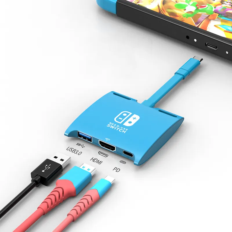 Blue and Red HDMI Adapter with Ethernet LAN USB Type-C Hub for Replace Nintendo Switch Docking Station