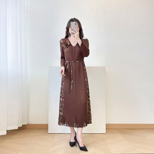 Vestido de Manga Larga para Mujer, Otoño 2025, con Solapa Plisada Dorada, Encaje, Efecto Rejuvenecedor, Estilo Delgado, Diseño Sólido - Product Image 6