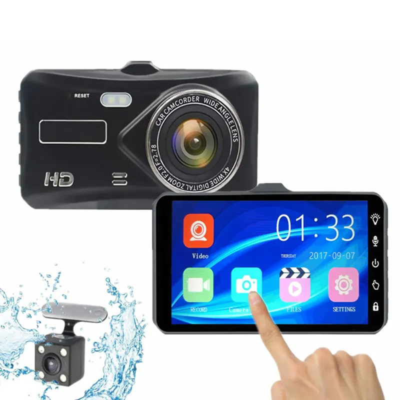 Beste Dash Cam Dual Lens Auto Dvr Camera 1296P Ips 4 "Touch Screen Night Vision Video Recorder Met backup Achteruitrijcamera