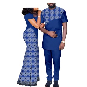 Dashiki pour couples africains <span class=keywords><strong>Bazin</strong></span> riche en coton écologique <span class=keywords><strong>Robe</strong></span> longue en dentelle pour hommes Ensemble de pantalons imprimés africains Vêtements de mariage - Product Image 2