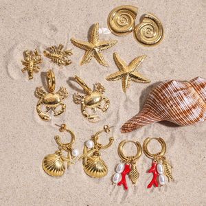 Yueli Gold Plated Stud Earrings Star <b>Crab</b> Shell Beach Vacation Jewelry Stainless Steel Fashion Earrings - Product Image 3