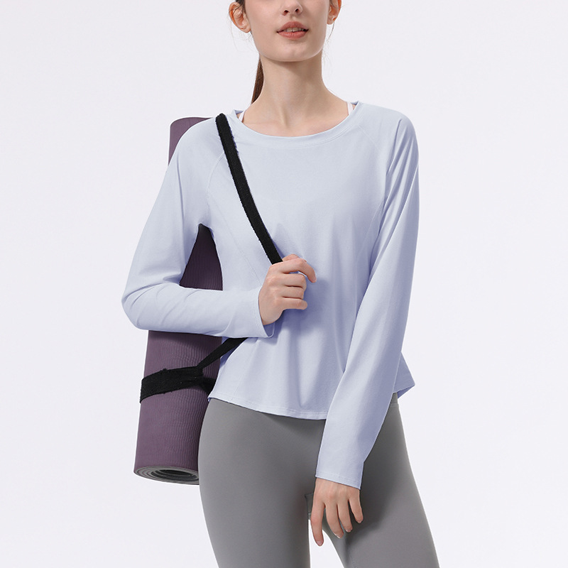 New Breathable Spandex/Nylon Professional Four-Needle Six-Line Solid Sports Top Women's Long-Sleeved Crew Neck Running Yoga