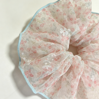 Chouchou à cheveux floral transparent, en mousseline douce avec bordure bleu clair, pour usage quotidien, imprimé floral vintage, foulard chouchou pour cheveux