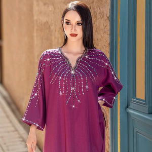 BA5149 nouvelle Robe arabe pour femmes <span class=keywords><strong>framboise</strong></span> violet broderie et strass robe cousue à la main printemps Polyester Abaya vêtements d'exportation - Product Image 4
