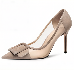 Escarpins élégants et confortables à talon aiguille, en daim et maille <span class=keywords><strong>beige</strong></span> nude, à bout pointu avec détail nœud, personnalisables par le fabricant - Product Image 1