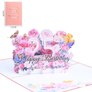 Atacado Nova Chegada Flor Bouquet Design 3D Pop Up Gift Card Feliz Aniversário Cartões