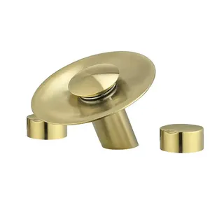 Torneira de banheiro com 3 furos e 2 alças, torneira de ouro escovado LED cascata de três furos, torneira de luxo para pia e misturador de ouro