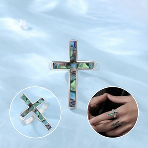 Dernière mode coquille d'ormeau naturel 925 <span class=keywords><strong>argent</strong></span> Sterling ouvert taille réglable grande croix bague pour hommes ou femmes - Product Image 3