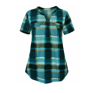 Camicia Estiva Casual a Quadri con Scollo a V e <span class=keywords><strong>Maniche</strong></span> <span class=keywords><strong>Corte</strong></span> per Donna con Tasche sul Petto - Product Image 2