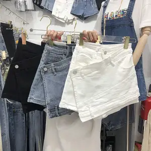 Artı boyutu kadın yaz Denim Culottes 2023 rahat düz renk yüksek bel düzensiz kısa sıcak pantolon etek