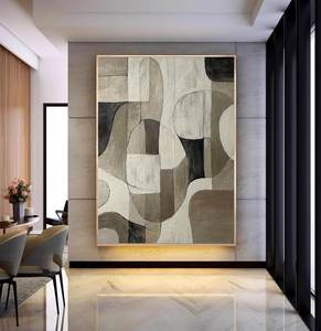 Grande Quadro Moderno Wabi Sabi in Colori Neutri, Arte da Parete Minimalista Beige e Nera, Pittura a Olio Astratta Geometrica con Texture Marrone - Product Image 2