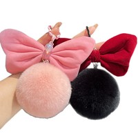 Porte-clés en peluche avec pompon moelleux et nœud en fausse fourrure de lapin, breloque de sac