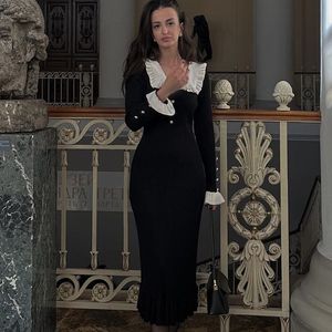 <span class=keywords><strong>Abito</strong></span> Maglione da Donna Autunno Inverno in Stile Retrò Francese in Maglia a Maniche Lunghe con Vita Elasticizzata Bottoni di Perla e Volant Tinta Unita <span class=keywords><strong>Casual</strong></span> - Product Image 4