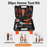 Ensemble d'outils à main en acier au carbone de 20 pièces avec étui rigide, tournevis, pinces, marteau, clé hexagonale, ruban à mesurer pour l'entretien domestique