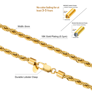Collana a corda intrecciata in acciaio inossidabile placcato <span class=keywords><strong>oro</strong></span> PVD 18K, spessore 3/4/5/6mm, anti-ossidazione, impermeabile, stile HipHop, per <span class=keywords><strong>uomo</strong></span> e donna - Product Image 3
