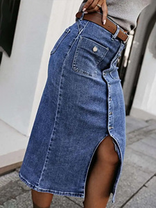 Falda Corta Vaquera Azul Informal de Verano para Mujer, Sexy, con Botones, Lavada, hasta la Rodilla, de Cintura Alta - Product Image 4