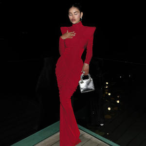 Vestido Ceñido al Cuerpo Color Verde Menta, Manga Larga, Cuello Alto, Cola <span class=keywords><strong>de</strong></span> Pez, Elegante, para <span class=keywords><strong>Fiesta</strong></span> <span class=keywords><strong>de</strong></span> Noche, Diseño Personalizado OEM ODM - Product Image 2