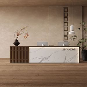 Bureau de réception moderne en marbre Ni Haomei avec éclairage LED, mobilier de bureau minimaliste pour hall d'hôtel - Product Image 4
