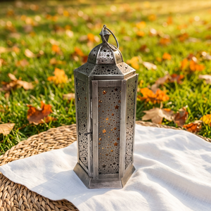 Farol de Hierro Plateado de Diseño Artesanal con Patrón de Estrella, Decorativo, para Colgar, para Velas, Decoración para el Hogar en Ramadán y Eid, 4.75X5.25X12 pulgadas - Product Image 1