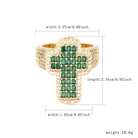 Bague Croix en Laiton Plaqué Or 14K avec Zircons Verts et Blancs, Style Tendance Unisexe pour Hommes et Femmes
