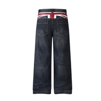 Nouveau style : Pantalon droit en denim délavé style américain avec motif drapeau à carreaux audacieux en cuir, confortable et ample à jambes larges