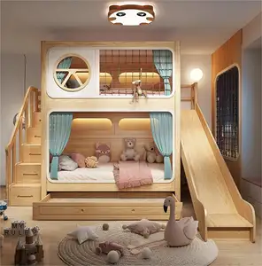 고급 어린이 침실 나무 더블 이층 침대 어린이 단단한 나무 로프트 가구 및 판매용 슬라이드