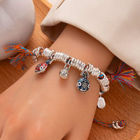 Nouveau Bracelet en Kevlar pour Femme, Style Chinois, avec Perles d'Argent Enroulées, Motif Bête Devorante d'Or, Fait Main, Réglable, Attire la Paix et la Richesse