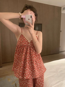 <span class=keywords><strong>Pigiama</strong></span> Estivo da Donna Casual per Casa, Traspirante in Maglia a Rete, con Elastico in Vita, Floreale Dolce, con Spalline e Imbottitura Frontale - Product Image 6