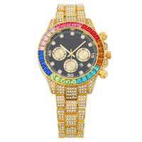 Jam Tangan Gaya Baru Perdagangan Luar Negeri Terlaris Tiga Jarum Mode Berlian Warna-Warni Kalender Dial Hitam Full Berlian Mesin Quartz