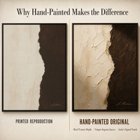 Peinture murale abstraite texturée bicolore Wabi-Sabi en plâtre blanc et brun foncé sur toile pour salon et entrée