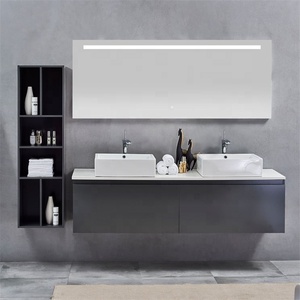 Meuble-lavabo moderne de salle de bain <span class=keywords><strong>gris</strong></span> mural flottant en <span class=keywords><strong>ardoise</strong></span> avec ensemble d'évier à encastrer et miroir intelligent à DEL - Product Image 1