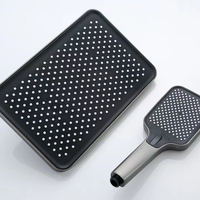 Mitigeur de douche et bain moderne classique gris en métal brossé avec système à touches de piano, plateau de rangement, noyau de valve en céramique et jet de pulvérisation