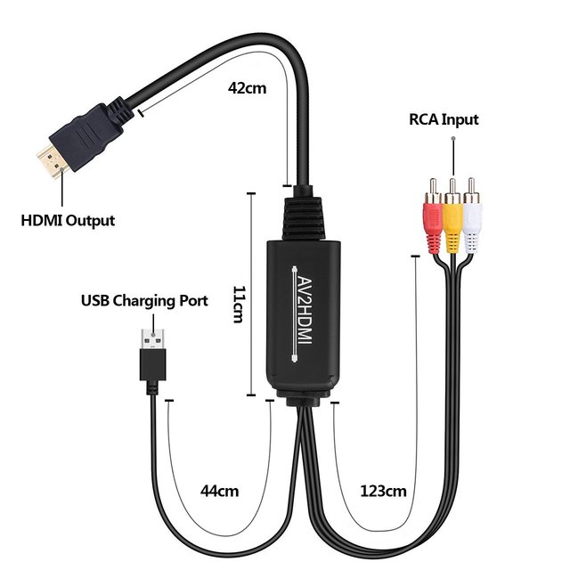 AV RCA to HDMI Converter Cable, 3RCA CVBS Composite Audio Video to 1080P HDMI Adapter Supporting PAL NTSC for PC