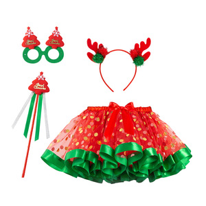 Falda tutú de encaje con estampado navideño para niñas, diadema, máscara para los ojos, varita mágica, conjunto de cuatro piezas, falda de malla ecológica para fiesta navideña - Product Image 3