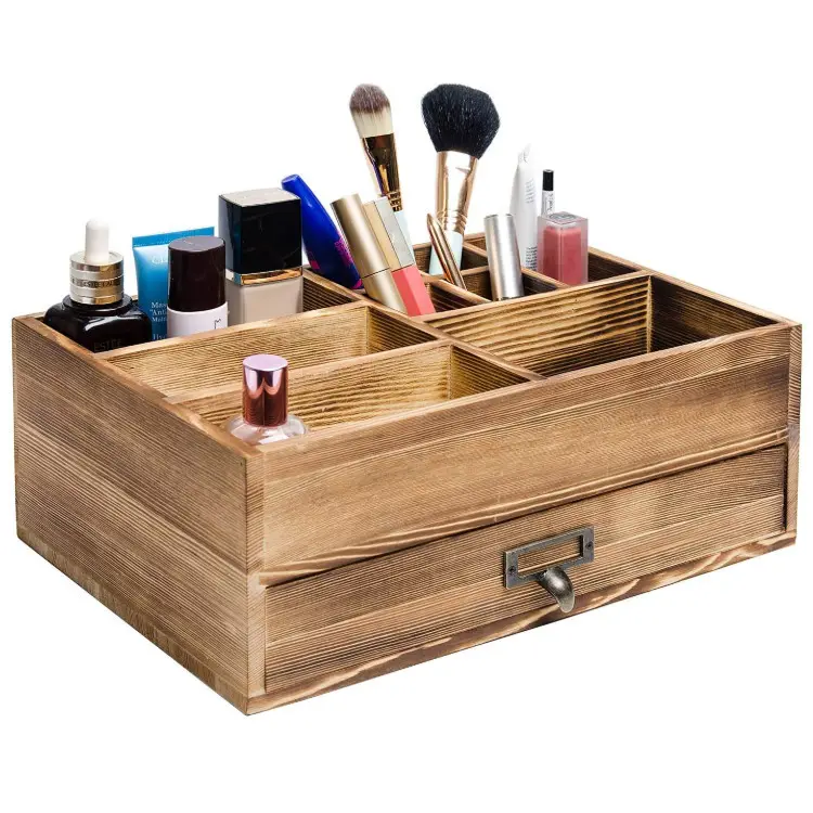 Large size multi functional rustic durable drawer storage box desk wooden organizer