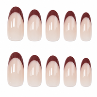 Faux ongles à presser élégants bordeaux français longs en amande, base nude brillante, pour usage quotidien et soirées