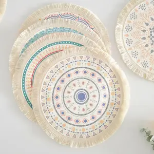 Bohemian Style Round Cotton Thread Woven Placemats With Printed Patterns And Tassels