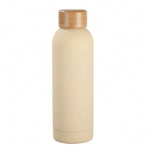 Minimalist Stainless Steel Vacuum Bottle With Wooden Lid Gray Round Travel <b>Thermos</b> Double Wall Insulated 24 Hour Heat Retention - Product Image 3