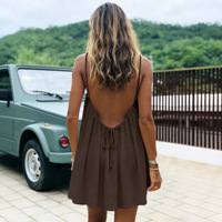 Robe mini plissée à cordon de serrage au dos pour femme, style jupe, pour vacances à la plage, vente en gros, marron, blanc, orange, couleur unie