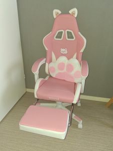 Chaise de jeu ergonomique rose et blanche avec oreilles de chat, pivotante et réglable, avec repose-pieds et coussin lombaire - Product Image 6