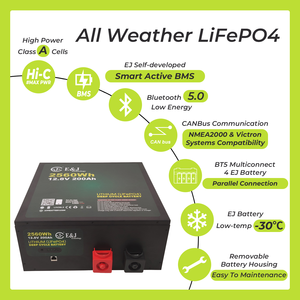 Batterie LiFePO4 EJ 12V 200Ah pour camping-car, avec BMS intelligent, indicateur CANBUS, +4000 cycles, -20-60°C, pour installations sous le siège - Product Image 4