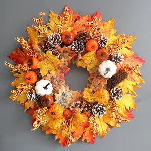 Thanksgiving Decoration Home Party Pumpkin Berry Pine Cone Wreath Front Door Hanging Fall Maple Wreath
