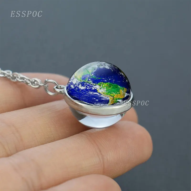 Planet Silver Plated Necklace Solar System Earth Jupiter Mercury Neptune Double Side Glass Ball Necklace Astronomy Pendant