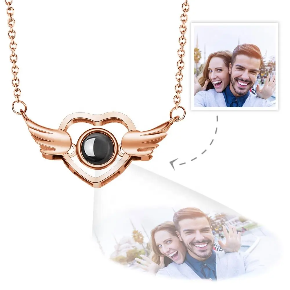 Memorial Jewelry Gifts Personalized 18K Plated Photo Angle Wing Love Heart Picture Projector Necklaces