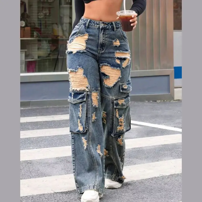 DIZNEW pantaloni larghi da donna High Street a vita alta multi tasche sbiadite jeans larghi in denim 100% jeans di cotone