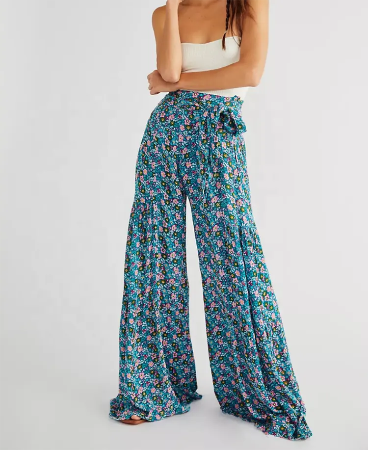 Casual Trousers 2022 New Elastic Waist Knotted Floral Print Womens Pleatedwide Leg Pants Pleated Flower Casual Loose Beach Trousers For Lady