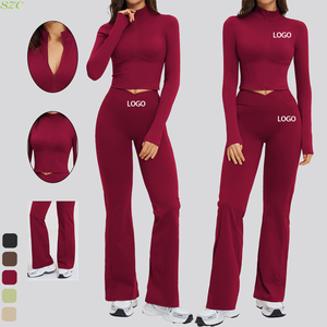 Ensemble de yoga taille haute pour femme avec logo personnalisé, fermeture éclair intégrale, grandes tailles, coupe ajustée, respirant, en Spandex/Nylon, tenue de sport de luxe pour la gym - Product Image 2
